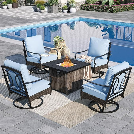 Sophia & William Patio Furniture Set with Fire Pit Table, 5 PCS Metal Outdoor Conversation Set Sofa Couch with Fire Pit Table, 4 Swivel Chairs for Outdoor Seating, Backyard, Porch(Blue)