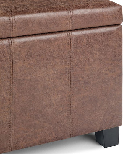 SIMPLIHOME Dover 36 inch Wide Contemporary Rectangle Storage Ottoman Bench in Distressed Umber Brown Vegan Faux Leather, Assembled, For the Living Room, Entryway and Family Room