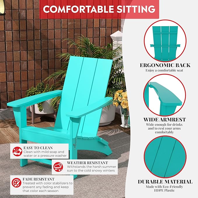 Costaelm Folding Adirondack Chairs, Outdoor Patio Adjustable Lawn Chairs, Weather Resistant Outside Firepit Chairs for Porch, Poolside, Garden, Backyard Deck, Turquoise