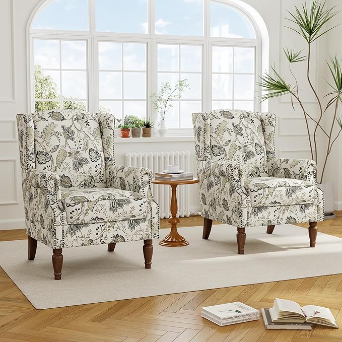 Accent Chair, Upholstered High Back Floral Armchair with Nailhead Trim & Wood Legs, Comfy Wingback Reading Single Sofa Chair for Small Spaces, Living Room, Bedroom ( Plants Beige Floral, Set of 1)