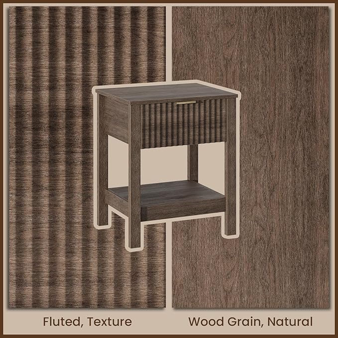Fluted Night Stand with Golden Handle,Set of 2 Mid-Century Nightstands with Drawer,Bedside Table with Storage Shelf,Large End Tables for Livingroom,Bed Side Tables for Bedroom,Walnut