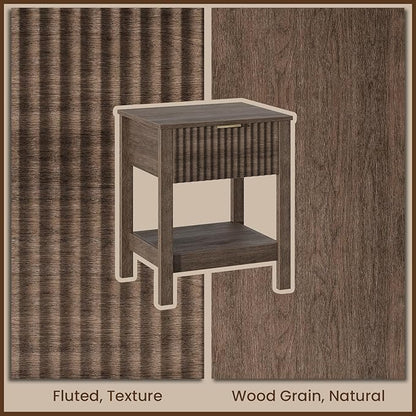Fluted Night Stand with Golden Handle,Mid-Century Nightstands with Drawer,Modern Bedside Table with Storage Shelf,Large End Tables for Livingroom,Bed Side Tables for Bedroom,Walnut