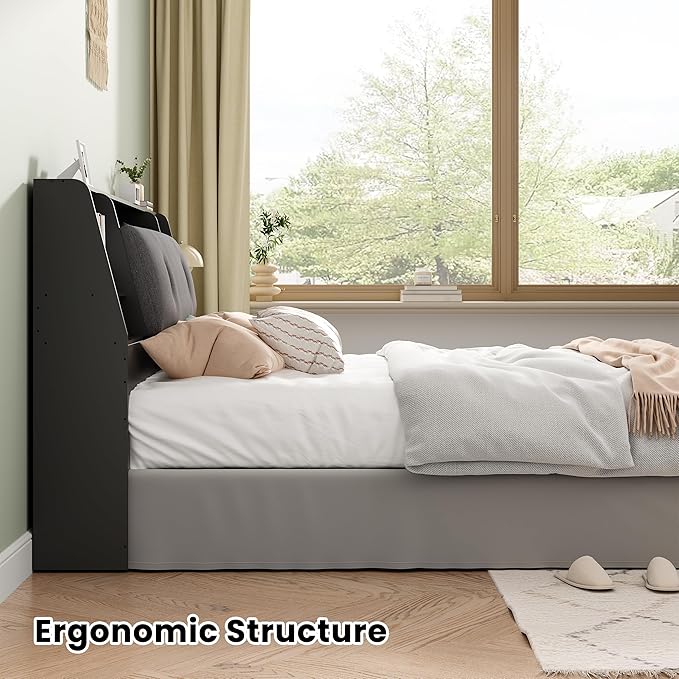King Size Headboard Only for Bed, Wood Bookcase Headboard with Charging Station & 2 LED Lights, Modern King Bookshelf Headboard with Storage, Noise-Free, Sturdy and Durable, Black