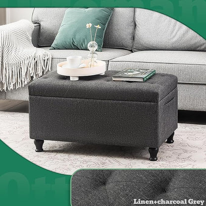 Ottoman with Storage 32'' Ottoman Storage Bench Linen Fabric Ottomans Footstools Upholstered Foot Rest Stool for Couch, Living Room, Bedroom, Entrance Shoe Bench Dark Gray