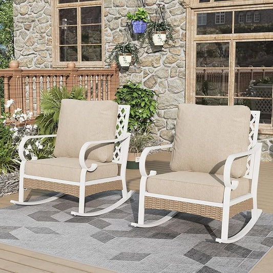 Outdoor Patio Rocking Sofa Chairs Set of 2 Steel Frame Porch Furniture with Deep Seating and 5.5" Cushions for Lawn Backyard Deck, Beige