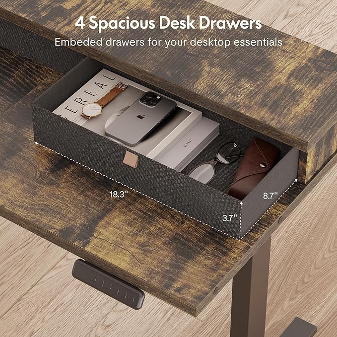 SANODESK 71" L Shaped Standing Desk with 4 Drawers, Height Adjustable Stand up Desk, Corner Gaming Desk with Monitor Stand, Black Frame/Rustic Brown Top