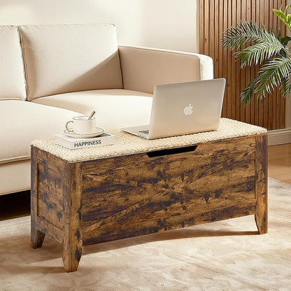 VECELO 43.3" Storage Bench, Entryway Shoe Ottoman, Farmhouse Style Bench with Handwoven Cushion and Metal Safety Hinges, for Bedroom, Living Room, Entryway, Brown