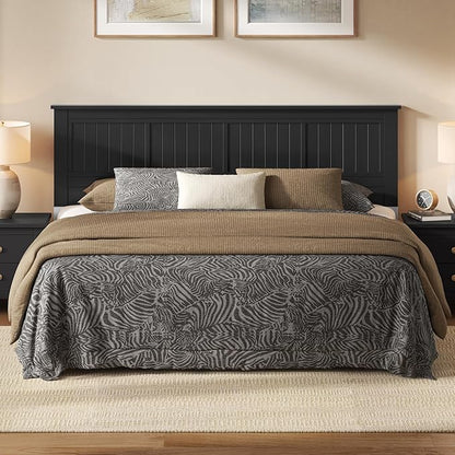 Serene Solid Wood Window-Pane Panel Headboard – Easy Assembly, Casual Coastal Style – King Size in Black