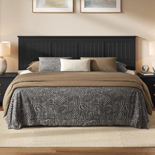 Serene Solid Wood Window-Pane Panel Headboard – Easy Assembly, Casual Coastal Style – King Size in Black