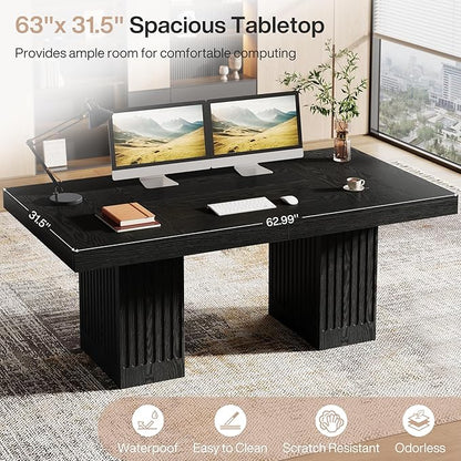 Tribesigns 63-Inch Executive Desk, Modern Office Computer Desk with Heavy Duty Double Pedestal, Large Study Writing Table Business Furniture for Home Office, Black, Set of 2