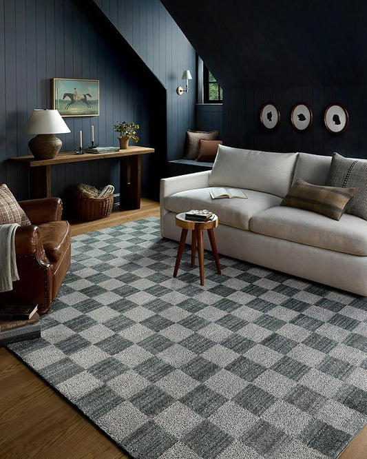 Loloi Chris Loves Julia Calvin Collection CLV-01 Blue/Ivory 2'-3" x 3'-10" Accent Rug Checkered Neutral Soft Living Room Bedroom Carpet