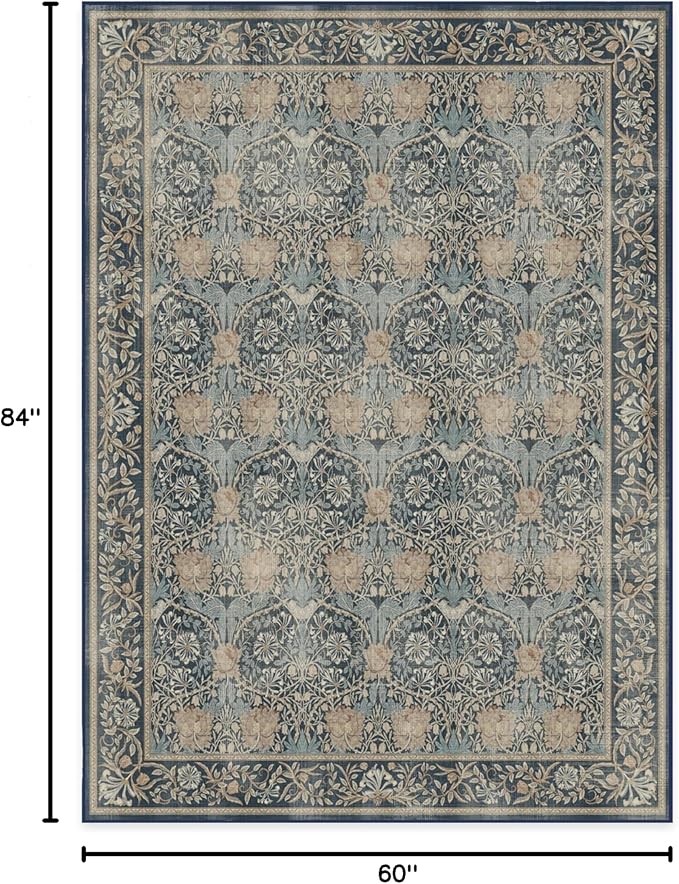 RUGGABLE x Morris & Co Washable Area Rug– Honeysuckle & Tulip Blue 5x7, Stain-Resistant, Non-Slip – Medium Machine Washable Rugs for Living Room, Bedroom, Hallway, Entryway & Office–with Standard Pad