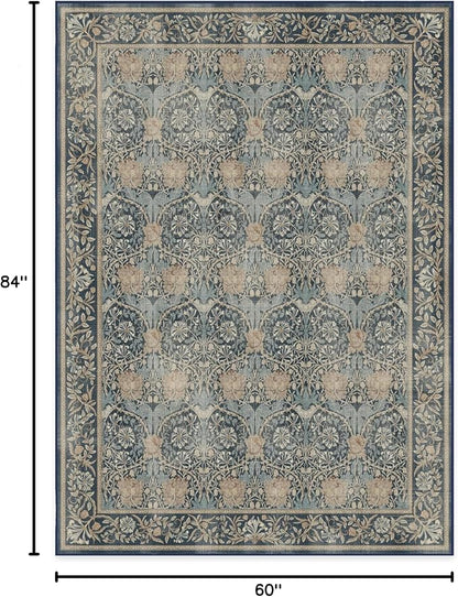 RUGGABLE x Morris & Co Machine Washable Area Rug – Honeysuckle & Tulip Blue 5x7, Stain-Resistant, Non-Slip – Medium Rugs for Living Room, Bedroom, Hallway, Entryway & Office–with Cushioned Pad