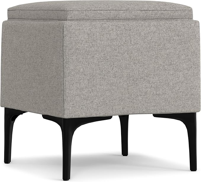 SIMPLIHOME Natasha 18 inch Wide Mid Century Square Mid Century Storage Ottoman with Tray in Cloud Grey Polyester Linen, Assembled, For the Living Room, Entryway and Family Room