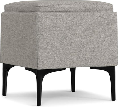 SIMPLIHOME Natasha 18 inch Wide Mid Century Square Mid Century Storage Ottoman with Tray in Cloud Grey Polyester Linen, Assembled, For the Living Room, Entryway and Family Room