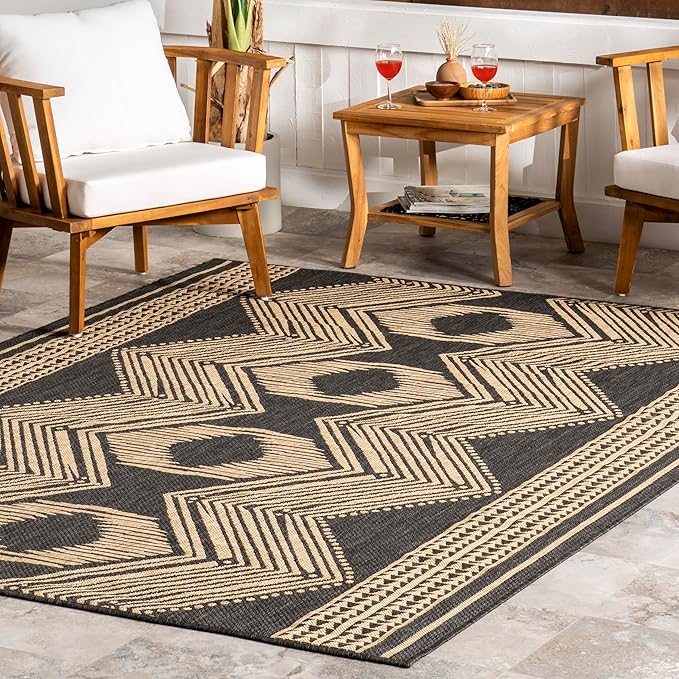 nuLOOM 5' x 8' Outdoor Tribal Geometric Area Rug, Stain Resistant, Weather Resistant, High Traffic, Patio, Balcony, Outside, Ranya Dark Grey