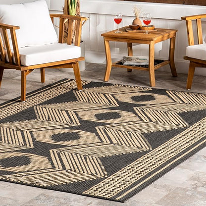 nuLOOM 10' x 13' Outdoor Tribal Geometric Area Rug, Stain Resistant, Weather Resistant, High Traffic, Patio, Balcony, Outside, Ranya Dark Grey