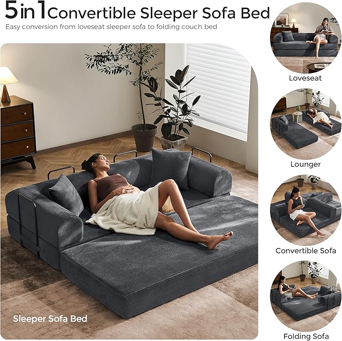 79" Convertible Sofa Bed with Fixed-Shape Frame & Removable Armrests, Modular Corduroy Sleeper Sofa, Folding Mattress Couch for Small Spaces - No Assembly Needed in Dark Gray (Includes 2 Pillows)