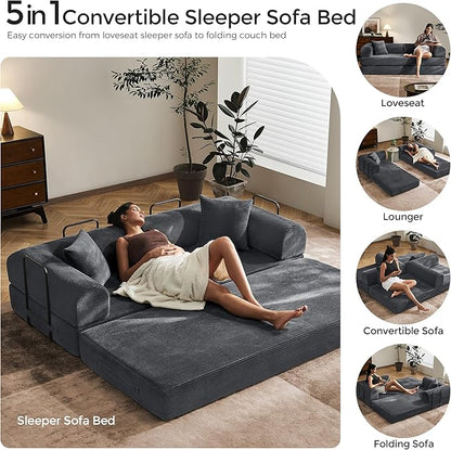 79" Convertible Sofa Bed with Fixed-Shape Frame & Removable Armrests, Modular Corduroy Sleeper Sofa, Folding Mattress Couch for Small Spaces - No Assembly Needed in Dark Gray (Includes 2 Pillows)