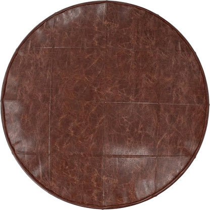 SIMPLIHOME Connor Boho Round 34 inch Round Coffee Table Pouf in Distressed Brown Genuine Leather for the Living Room, Bedroom and Kids Room