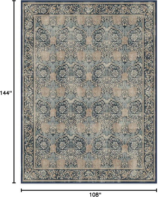 RUGGABLE x Morris & Co Washable Area Rug– Honeysuckle & Tulip Blue 9x12, Stain-Resistant, Non-Slip – Large Machine Washable Rugs for Living Room, Bedroom, Hallway, Entryway & Office–with Standard Pad