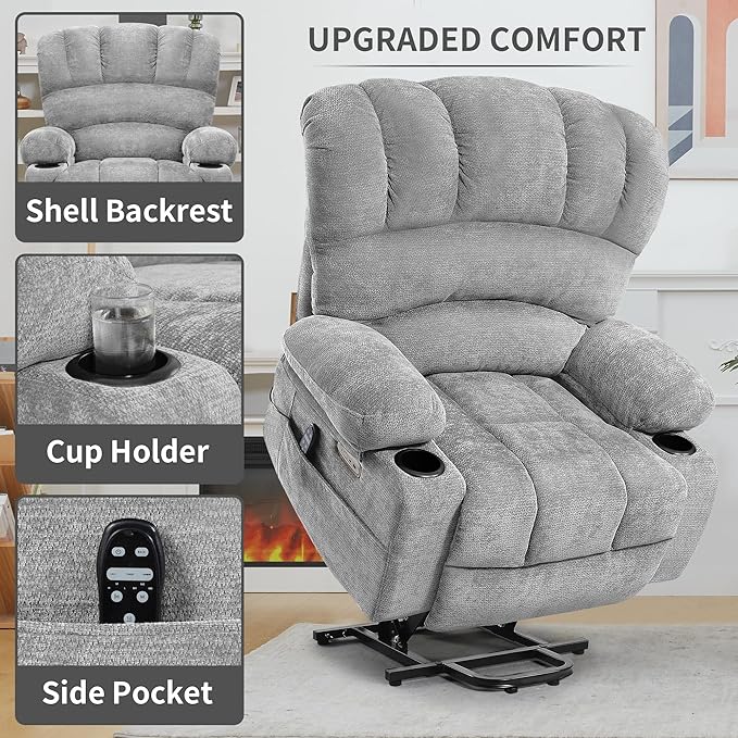 DURASPACE Power Lift Recliner Electric Lift Massage Recliner Chairs with Heat, Large Shell Velvet Backrest Lift Chair Recliners for Elderly, Seniors (Gray)