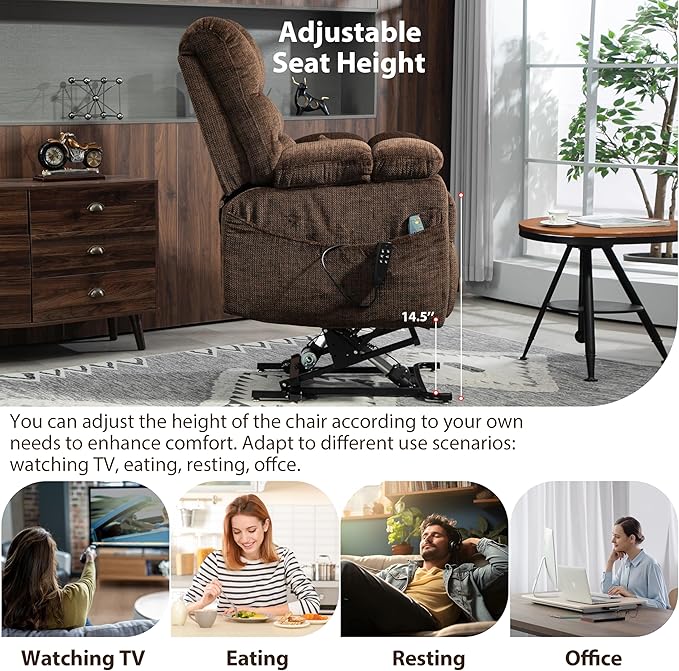 Oversized Zero Gravity Power Lift Recliner Chair for Elderly Adults Big Man Electric Lay Flat Recliner Triple Motor with Heat and Massage, Adjustable Seat Height, Arm Storage, Cup Holder