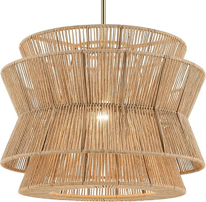 KICHLER Ophira 1-Light Pendant, Global Boho Light with Jute Shade in Champagne Bronze, Sloped Ceiling Compatible, for Kitchen or Foyer (16.75" x 22"), 52734CPZ
