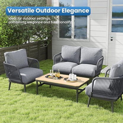 5-Piece Outdoor Patio Furniture Set All Weather 4-Seat Sofa with Coffee Table & Waterproof Thick Cushion – Patio Conversation Sets for Lawn, Balcony, Porch, Muebles para Patios Exteriores