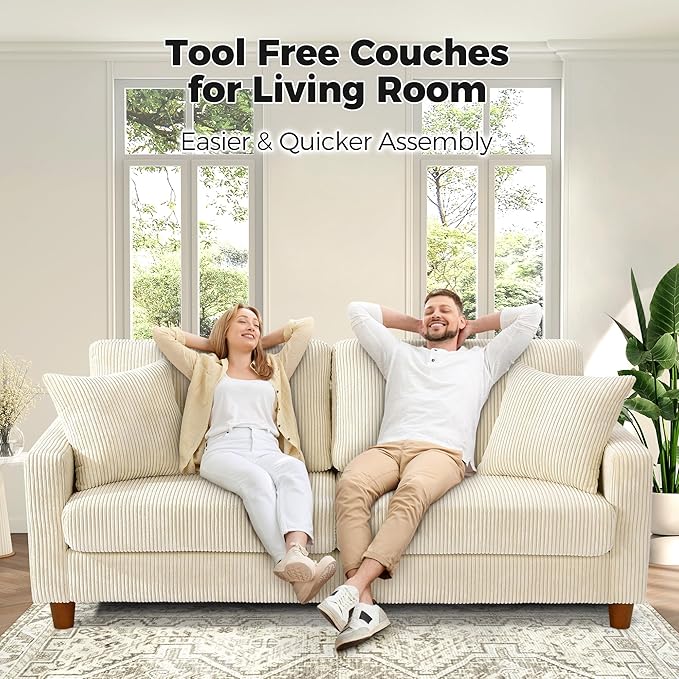 70in Corduroy Couch, Kidirect Sofa No Tool Assembly, Comfy Couches for Living Room 21in Deeper Seats, Corduroy Sofas for Living Room with 2 Pillows, Oversized Loveseat Sofa, Boho Love Seat Beige Couch