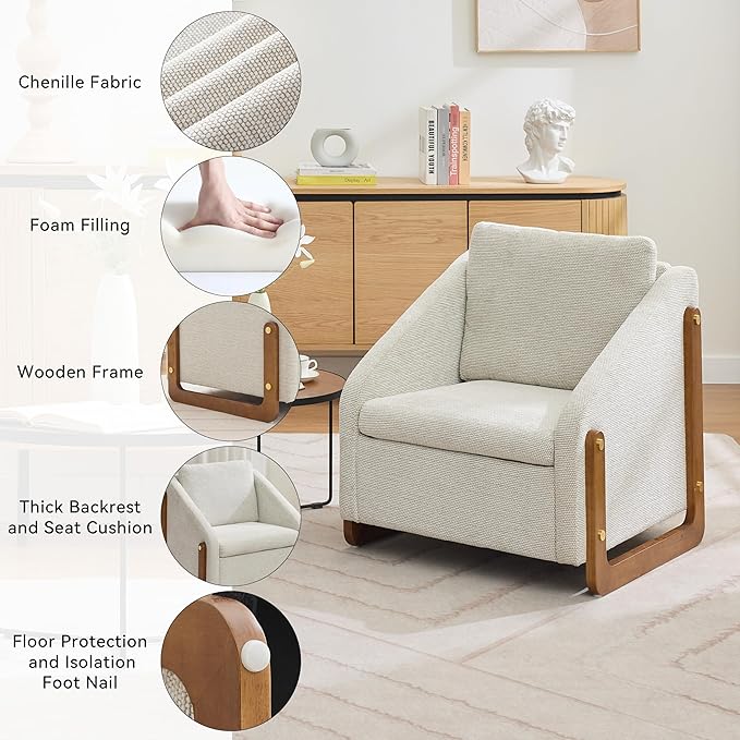 Modern Upholstered Armchair with Wooden Frame, 29" W x 29" D x 29" H, Light Gray Chenille Fabric, Living Room Accent Chair