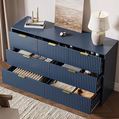 3-Piece Dresser Bedroom Set, 7 Drawer Dresser & 3 Drawer Nightstands with Gold Handles, Fluted Wood Chest of Drawers for Bedroom, Living Room, Entryway, Navy Blue
