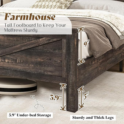 AMERLIFE Farmhouse Full Bed Frame with Storage Headboard & Charging Station, Rustic Wood Platform Bed with Barn Door Bookcase, No Box Spring Needed, Dark Oak Bedroom Furniture