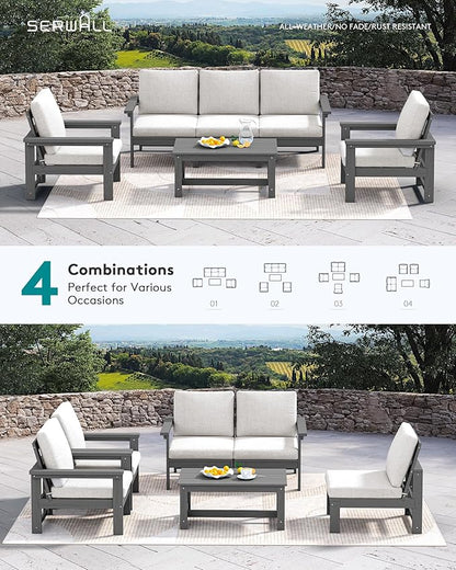 SERWALL HDPE Patio Conversation Set, 6-Piece Sectional Outdoor Furniture Set, All Weather Outdoor Couch Set Patio Furniture Set for Deck, Lawn, Grey Frame with Khaki Cushion