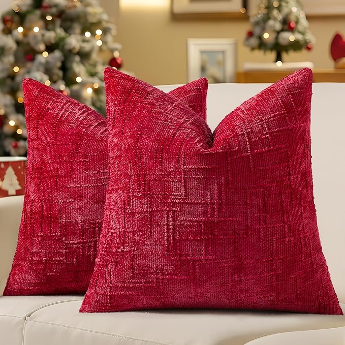 decorUhome Christmas Red Chenille Throw Pillow Covers 18x18 Set of 2 Thick Textured Slubby Couch Pillow Covers Farmhouse Accent Modern Neutral Decorative Pillow Cases for Bed Sofa Living Room