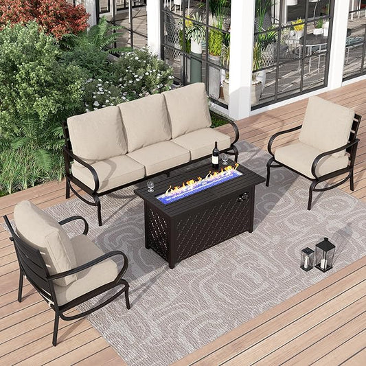 PHI VILLA 4 PCS Patio Furniture with FirePit Table, Outdoor Furniture Set with 1 x 45 Inch Metal Fire Table, 1 x 3 Seater Cushioned Deep Seating Bench, 2 x Armrest Sofa Chairs