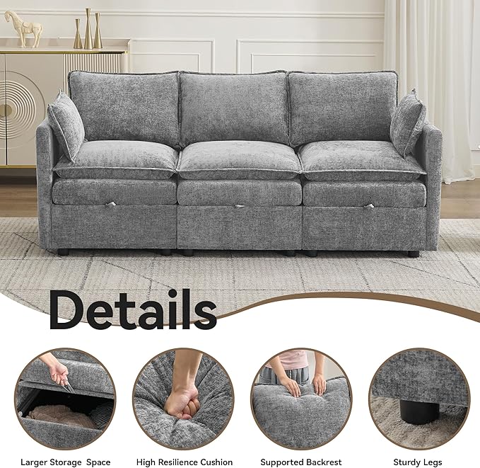 80" Cloud Modular 3 Seater Sofa with Storage, Modern Upholstered Storage Sofa Couch Deep Seat, Sectional Sofa Chenille Comfy Couch with Armrests for Living Room, Small Space, Light Grey