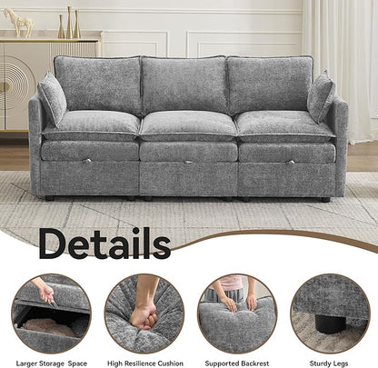 80" Cloud Modular 3 Seater Sofa with Storage, Modern Upholstered Storage Sofa Couch Deep Seat, Sectional Sofa Chenille Comfy Couch with Armrests for Living Room, Small Space, Light Grey