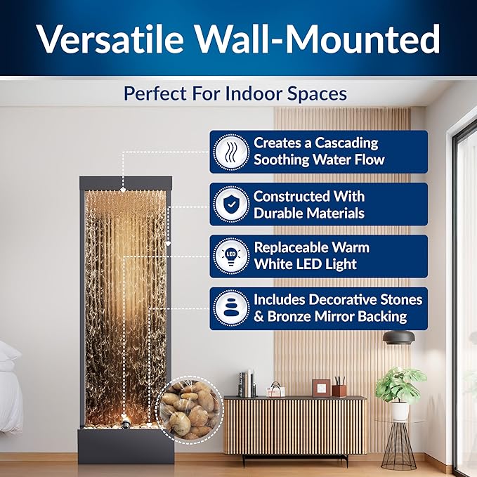 Alpine Corporation | 72"H Indoor/Outdoor Mirror Waterfall Floor Fountain — LED Lights & River Stones — Elegant Bronze Finish for Home, Office, Patio & Entryway Décor