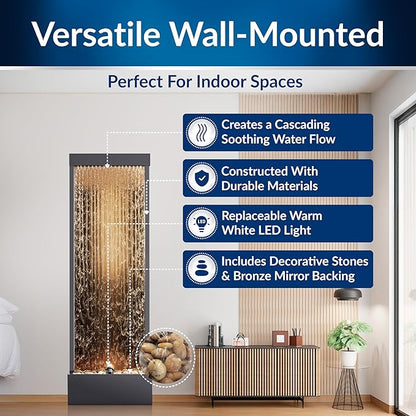 Alpine Corporation | 72"H Indoor/Outdoor Mirror Waterfall Floor Fountain — LED Lights & River Stones — Elegant Bronze Finish for Home, Office, Patio & Entryway Décor