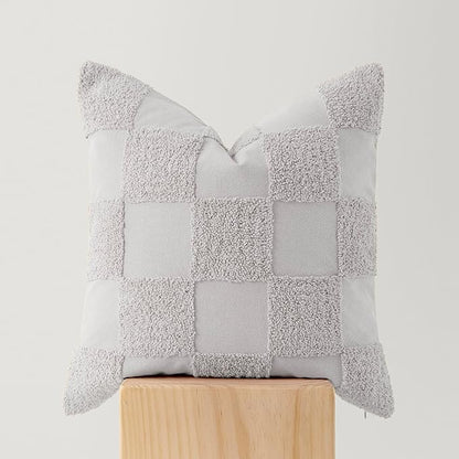 Double Stitch 100% Cotton Throw Pillow Covers - Checkered Tufted Boho Decorative Pillow Covers 20x20, Made in India, Square Cushion Case, Modern Home Decor for Couch, Sofa, Living Room, Winter Sky