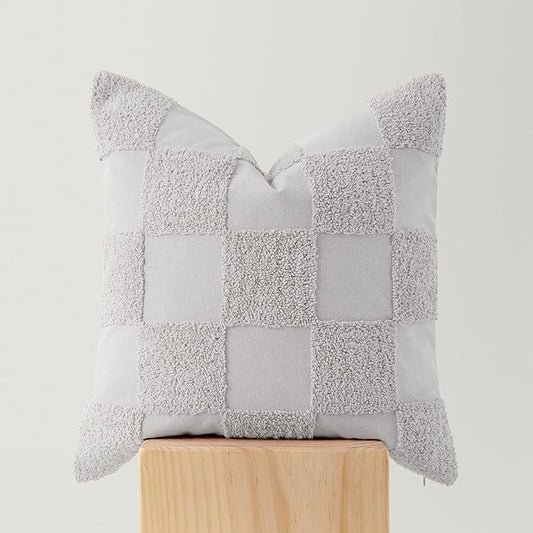 Double Stitch 100% Cotton Throw Pillow Covers - Checkered Tufted Boho Decorative Pillow Covers 20x20, Made in India, Square Cushion Case, Modern Home Decor for Couch, Sofa, Living Room, Winter Sky
