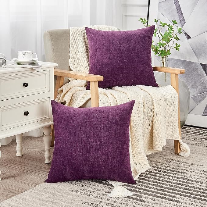GAWAMAY Decorative Chenille Throw Pillow Covers 26x26 Inch Pack of 2, Soft Square Couch Pillow Cover for Sofa Cushion Living Room Bedroom Solid Dyed Oversized Pillowcases Purple 66x66cm (ONLY Covers)
