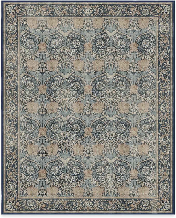 RUGGABLE x Morris & Co Washable Area Rug– Honeysuckle & Tulip Blue 8x10, Stain-Resistant, Non-Slip – Large Machine Washable Rugs for Living Room, Bedroom, Hallway, Entryway & Office–with Standard Pad
