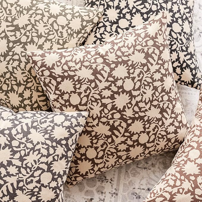 Foindtower Set of 2 Decorative Neutral Floral Throw Pillow Covers Accent Farmhouse Cushion Covers Boho Vintage Pillowcase for Couch Sofa Bedroom Living Room Home Decor,18×18 Inch,Brown
