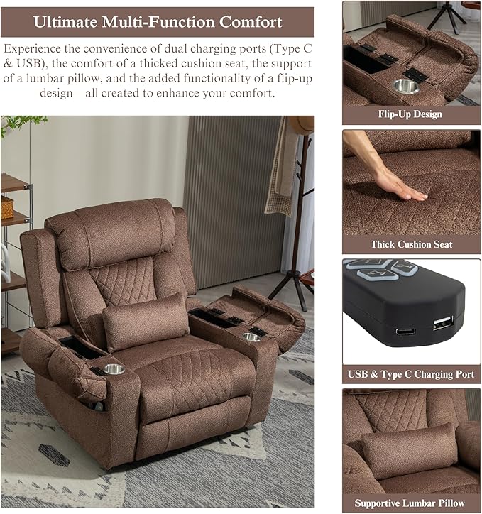 Big Man Power Lift Recliner for Elderly Adults 28 Inch Wide Seat, Lay Flat Lift Chair with Heat Massage, Arm Storage Cup Holders, USB Type C Charging, Oversized Recliner 400 lbs