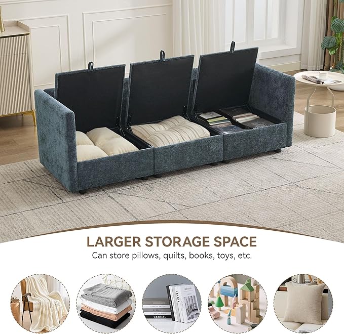 80" Cloud Modular 3 Seater Sofa with Storage, Modern Upholstered Storage Sofa Couch Deep Seat, Sectional Sofa Chenille Comfy Couch with Armrests for Living Room, Small Space, Blue
