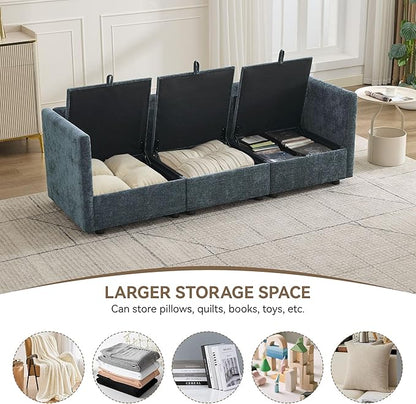80" Cloud Modular 3 Seater Sofa with Storage, Modern Upholstered Storage Sofa Couch Deep Seat, Sectional Sofa Chenille Comfy Couch with Armrests for Living Room, Small Space, Blue