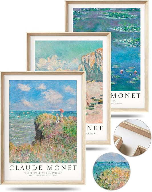 HesenDot Claude Monet Framed Wall Art,12x16in High Framed Canvas Prints, Impressionism Landscape Painting Poster Wall Decor,Vintage Home Decoration for Living Room Bedroom Gallery Office,Set of 3