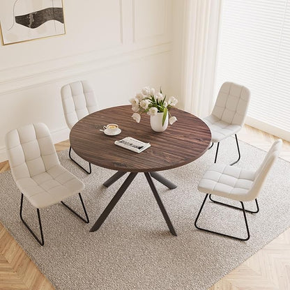 45.3 Inch Round Dining Table Set for 4, Mid Century Modern Small Coffee Set for Dining Room Kitchen Apartment (Dark Walnut Table + 4 U-Shaped White Chairs)